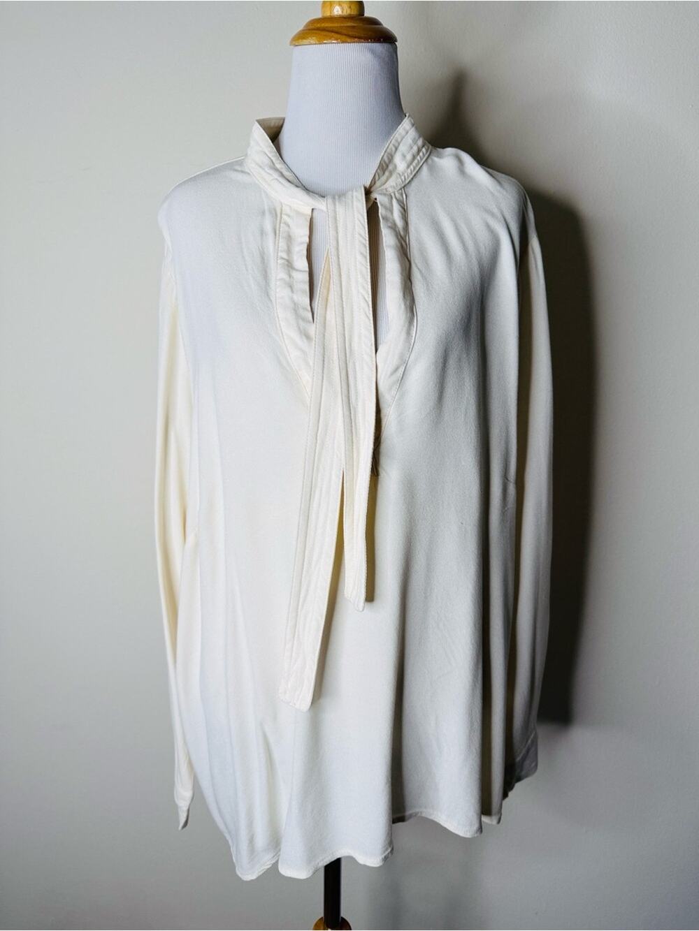 Mango Ivory Bow Tie Collar V-Neck Blouse